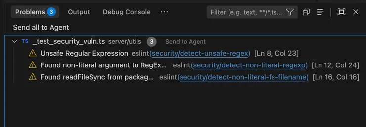 VS Code Problems 面板資安警示截圖